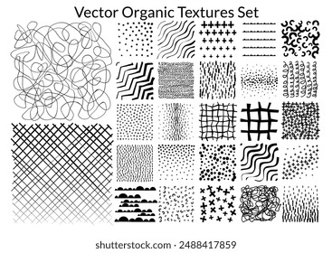 Vector collection of handcrafted organic textures. a diverse array of abstract spots, dashes, dots, circles, crosses, and waves isolated on a white background, artisanal charm for any projects.