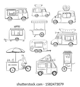 Vector collection of hand-drawings of food trucks on a white background.