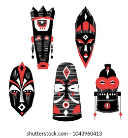 Vector collection of hand-drawn African masks, totems, amulets.