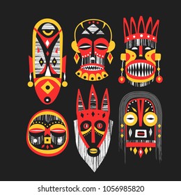 Vector collection of hand-drawn African masks with textures on a black background.