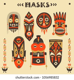 Vector collection of hand-drawn African masks, totems, amulets.