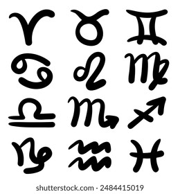 Vector collection of hand-drawn astrological symbols. Set of zodiac signs in sketch style. For horoscope illustrations, esoteric and astrology themes, mystical designs. Isolated on white background