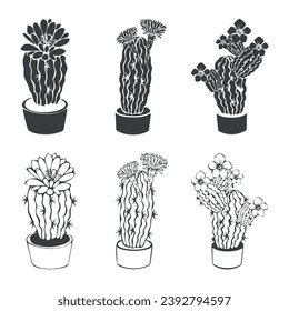 Colección vectorial de cactus dibujados a mano con colección de sketch de flores en estilo doodle aislados en un fondo blanco.
