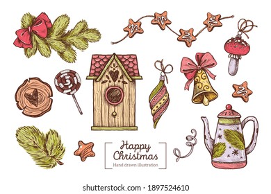 Vector collection of hand-drawn Christmas elements in vintage graphic style.  Doodle style. Hand draw artwork. Christmas tree branches, bell, house, kettle, Christmas decorations, gingerbread