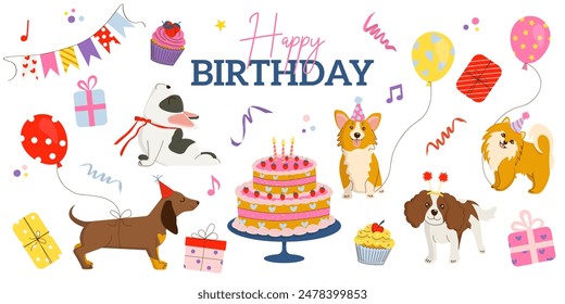 Vector collection of hand-drawn clipart featuring dogs of various breeds wearing festive hats and taking part in birthday parties. Great for cards, invitations and holiday designs.