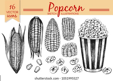 Vector collection with hand-drawn 
 corn and popcorn