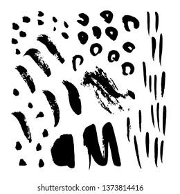 Vector collection of hand-drawn elements: drops, lines, splashes, points, brush strokes. Isolated on white background. Black and white