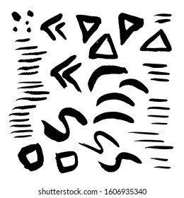 Vector collection of hand-drawn elements: drops, lines, splashes, points, brush strokes. Isolated on white background. Black and white