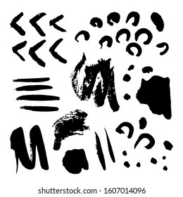 Vector collection of hand-drawn elements: drops, lines, splashes, points, brush strokes. Isolated on white background. Black and white