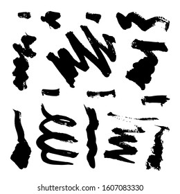 Vector collection of hand-drawn elements: drops, lines, splashes, points, brush strokes. Isolated on white background. Black and white