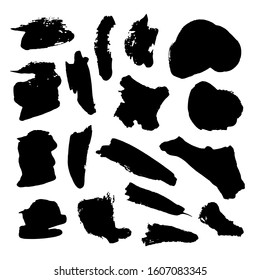 Vector collection of hand-drawn elements: drops, lines, splashes, points, brush strokes. Isolated on white background. Black and white