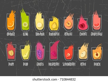 Vector collection of hand-drawn fruit and berry juices in glasses with blots and lettering on black background.