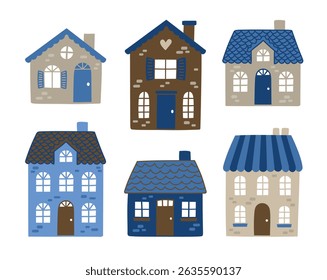 Vector collection of hand-drawn houses in shades of blue and brown. Simple and charming illustrations, perfect for posters, children's content, real estate ads or branding projects.