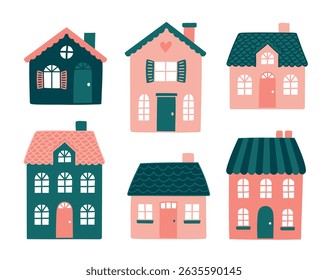 Vector collection of hand-drawn houses in shades of pink and green. Simple and charming illustrations, perfect for posters, children's content, real estate ads or branding projects.