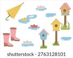 Vector collection of hand-drawn spring elements. Includes paper boats in puddles, wooden birdhouses, umbrella and pink rubber boots. Ideal for children designs and spring season decorations.