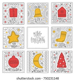 Vector collection of hand-drawn square holiday greeting cards with Christmas symbols.