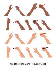 Vector collection of hands with brush, pencil and chalk isolated on white background.