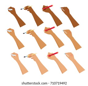 Vector collection of hands with brush, pencil and chalk isolated on white background.