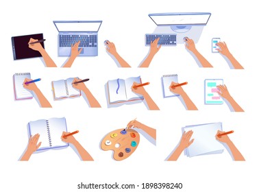 Vector collection of hands with computers and notebooks isolated on white background.