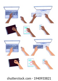 Vector collection of hands with computers and tablets isolated on white background