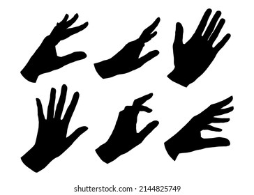 Vector collection of hands in different gestures. Design elements for cosmetics packaging, beauty products, tattoos, logos, and social media. Hand-drawn silhouettes hands set. 