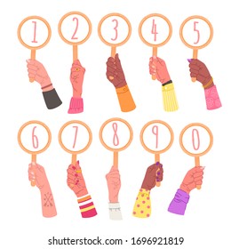 Vector collection of hands holding signs, banners with numbers. Bundle of male and female hands with round cards, elements isolated on white background. Cards with numbers from 0 to 9 in the hands.