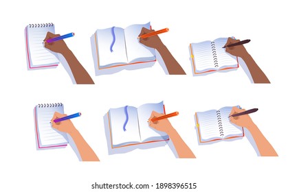 Vector collection of hands writing in copy space notebooks and paper and notebooks isolated on white background.