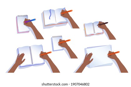 Colección vectorial de manos escribiendo en cuadernos de copia y papel aislados en fondo blanco.