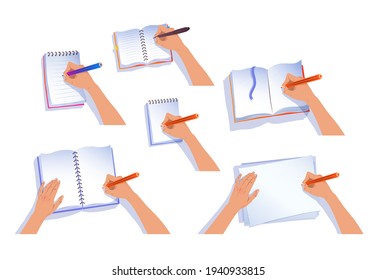Colección vectorial de manos escribiendo en cuadernos de copia y papel aislados en fondo blanco.