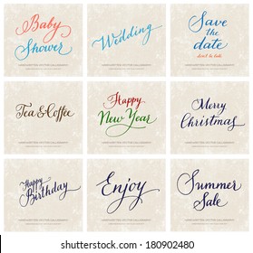 Vector collection of handwritten calligraphic lettering on grungy beige retro paper background