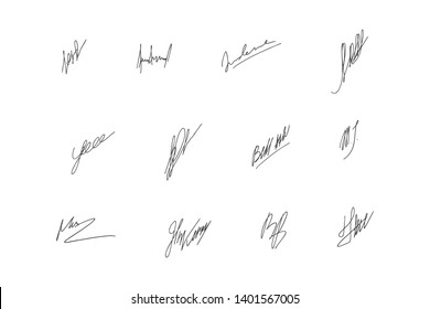 Vector collection of handwritten signatures on white background