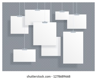 Vector collection of hanging empty blank ID cards on transparent background