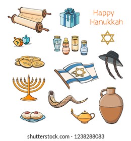 Vector collection of hanukkah. Symbols and attributes of the Jewish holiday on a white background