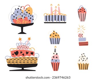 Vector collection of happy birthday cakes and cupcakes. Holiday desserts in flat cartoon style. Cream cakes with accessories for the holiday