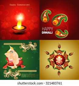 vector collection of happy diwali background with lord ganesha, decorated diya in floral design and rangoli illustration