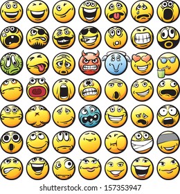 Vector collection of happy faces in various facial expressions. Easy-edit layered vector EPS10 file scalable to any size without quality loss. High resolution raster JPG file is included. 