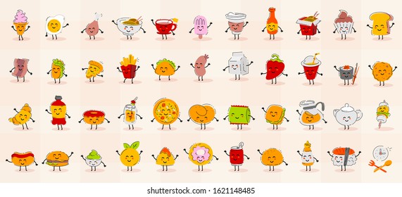 Vector collection of happy fast food cuisine of different countries character icon on white background. Flat line art style color design of fast food for web, site, banner, sticker, print
