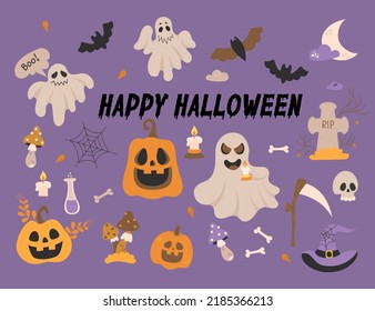 Vector collection Happy Halloween. Holiday Jack lantern pumpkin, bat, ghost, cobweb, skull, witch hat and scythe, grave, fly agaric and magic potion. Isolated elements for decor, design, decoration