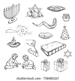 Vector collection of happy Hanukkah. Symbols of Judaism on a white background