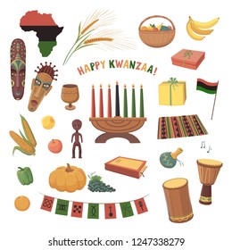 Vector collection of Happy Kwanzaa. Holiday symbols on white background