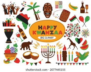 Colección de vectores de Happy Kwanzaa. Símbolos de vacaciones establecidos en fondo blanco