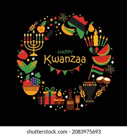 Vector collection of Happy Kwanzaa. Holiday symbols on black background in wreath.