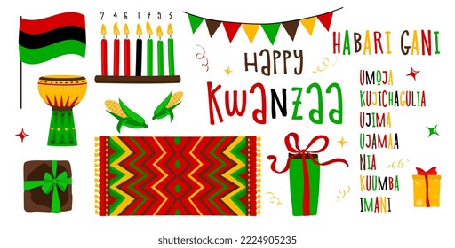 Vector collection of Happy Kwanzaa. Holiday symbols set on white background