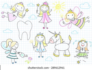 Vector collection of happy little fairies. Sketch on notebook page