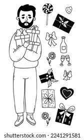 Vector collection Happy man with gifts and christmas holiday boxes, lollipop, flower, bows and glasses with bottle. Isolated doodles. male character for design of holiday themes and shopping