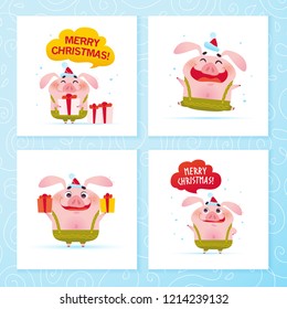 Vector collection of Happy New Year and Merry Christmas cards with funny cute pig in green pants, santa hat with gift box isolated on white background. Good for gift tags, congratulation banner design