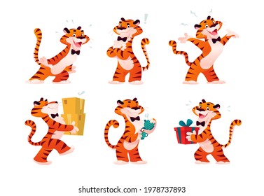 Vector collection of happy tiger character smile and greeting, deliver packages, drink coffee, carry gift box isolated. Cartoon flat illustration. For company mascot, advertising, banners and web.