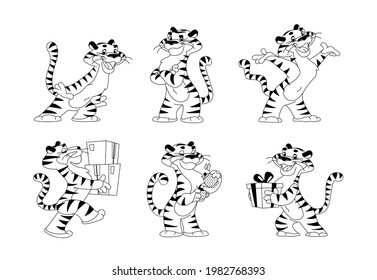 Vector collection of happy tiger character smile and greeting, deliver packages, drink coffee, carry gift box isolated. Cartoon outline doodle drawing illustration. For children coloring books.