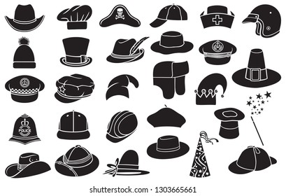 Vector collection of hats: cowboy, pirate, baseball cap, gentleman, chef, medical nurse, police officer, beret, magician, safari, hunter, pilgrim, Sherlock Holmes, ranger, hunter