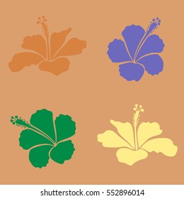 Vector collection of Hawaiian Aloha Shirt hibiscus flowers in yellow, violet and orange colors. Vector illustration.